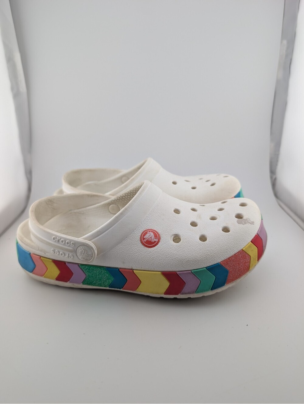 Crocs Kids Size 4 White Rainbow Chevron Beaded Crocband Croc Band